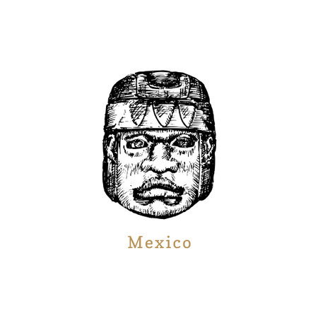 Hand sketched Olmec stone head. Vector illustration of Mexican tourist attraction.Latin American...