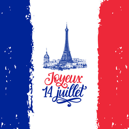 Joyeux 14 Juillet, hand lettering. Phrase translated from French Happy 14th July. Bastille Day illustration.のイラスト素材