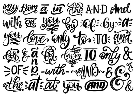 Handwritten catchwords and ampersands vector set.Calligraphy collection of conjunctions,prepositions on white backgroundのイラスト素材