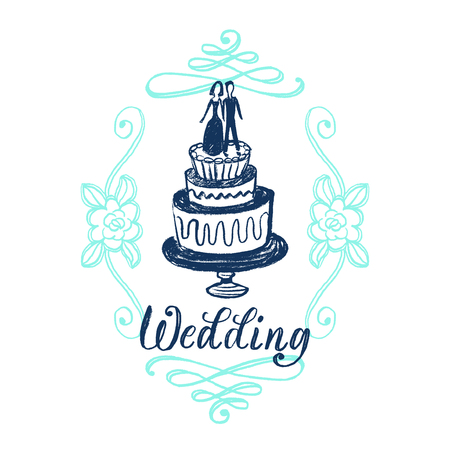 Wedding invitation card with hand lettering.Vector illustration of drawn cake in decorative floral frame.のイラスト素材