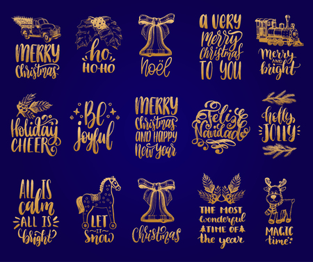 Set of hand written Christmas phrases. Vector hand drawn illustrations of New Year toys and Nativity symbols.のイラスト素材