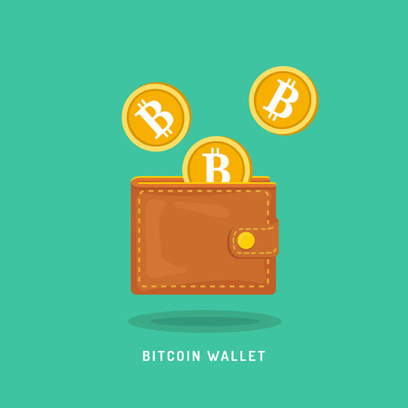 Bitcoin wallet with golden coins with B symbol. Vector illustration of capital flow, earning money, financial savings in flat style.のイラスト素材