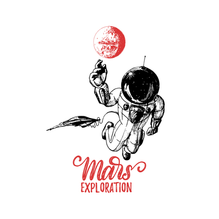 Mars Exploration handwritten phrase. Drawn vector illustration of astronaut and space shuttle on red planet background. Inspirational science poster, card etc. Sketch in retro futuristic style.のイラスト素材