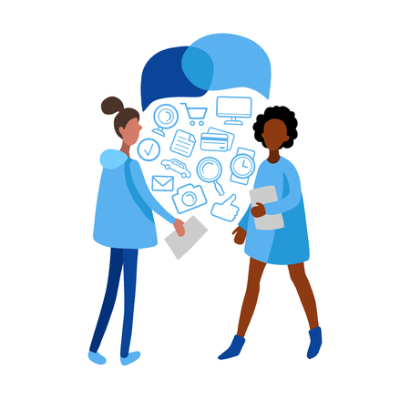 Flat infographics of meeting women and consumer wishes icons. Vector illustration of girls with speech bubbles in minimalist style. People sharing ideas. Used for social networks, users app.のイラスト素材