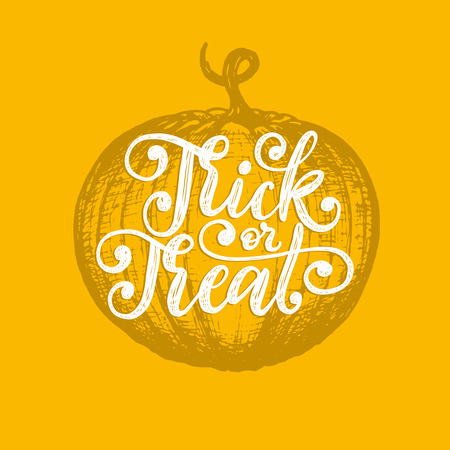 Trick Or Treat, hand lettering for Halloween. Vector drawn illustration of pumpkin. Design concept for party invitation, greeting card, poster.のイラスト素材