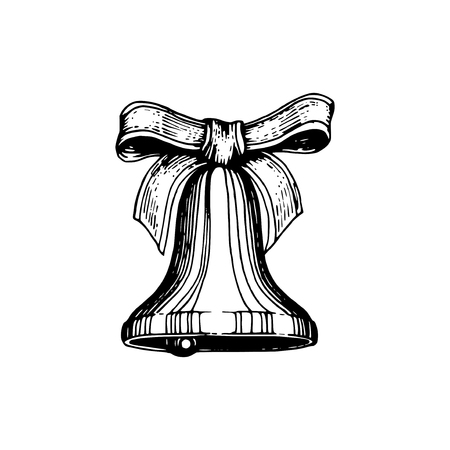 Bell and bow hand drawn illustration in engraved style. Vector Christmas background for greeting card, poster template.のイラスト素材