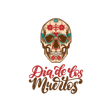 Dia De Los Muertos translated from Spanish Day of the Dead handwritten phrase. Vector illustration of skull in engraved style on white background. Design concept for party invitation, greeting card.のイラスト素材