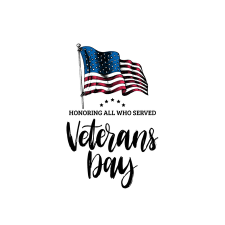 Veterans Day, hand lettering with USA flag illustration in engraving style.の写真素材