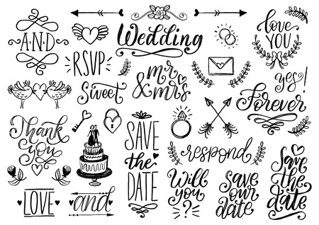 Drawn wedding set of laurels, rings, flowers, hearts etc. Vector handwritten phrases collection Save The Date, RSVP.のイラスト素材