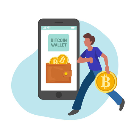Man managing gold bitcoins in smartphone app, flat minimalist styling. Vector illustration of capital flow, earning money, financial savings.のイラスト素材
