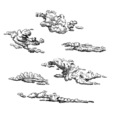 Clouds set, hand drawn in engraving style. Vector graphic illustration of cloudy skyのイラスト素材