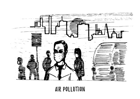 Air pollution, hand drawn illustration. Sketch of smoggy city, contamination environment theme in vectorのイラスト素材