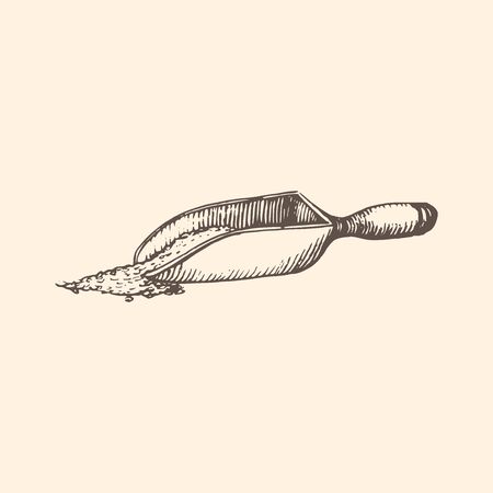 The illustration of a wooden scoop with grains in vector. Drawn miller utensil in the style of engraving.のイラスト素材