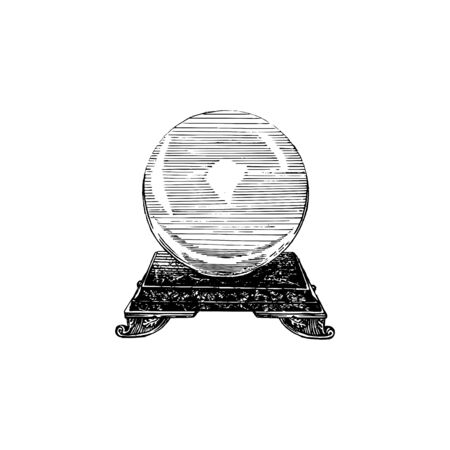 Magical crystal sphere, vector illustration in engraving style. Vintage pastiche of mystical symbol. Drawn sketch.のイラスト素材