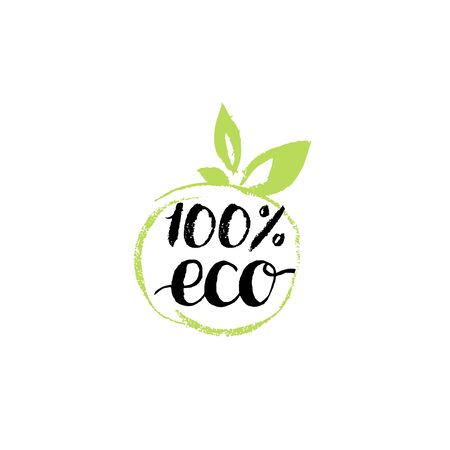 100 percents Eco hand lettering. Organic food logo. Healthy farm sign vector illustration. Tag for products packaging.のイラスト素材