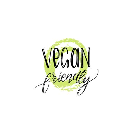 Eco, organic food logo. Vegan Friendly hand lettering. Healthy farm sign vector illustration. Tag for products packagingのイラスト素材