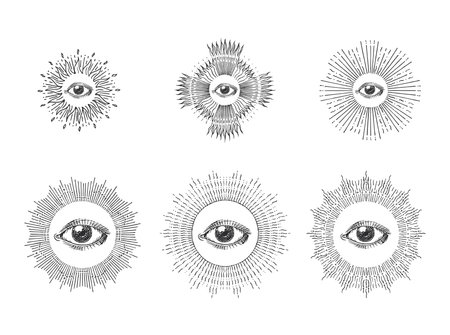 All seeing eye with sunburst,hand drawn images setのイラスト素材