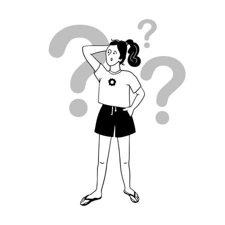 Pensive girl with question marks, vector image.のイラスト素材