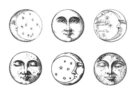 Set of Moon, Crescent, drawings in engraving styleのイラスト素材