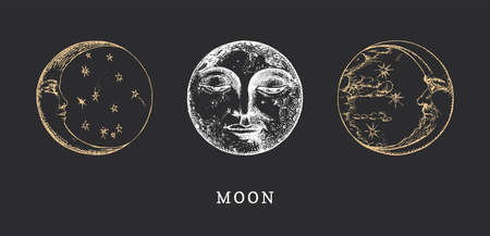Moon, Crescents set, drawn illustrations in vectorのイラスト素材