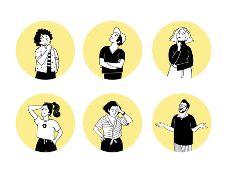 Thinking men portraits with gestures of question.のイラスト素材