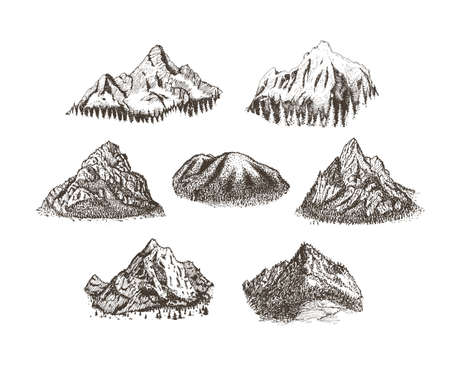 Peaks and hills, vector sketches. Mountain views.のイラスト素材