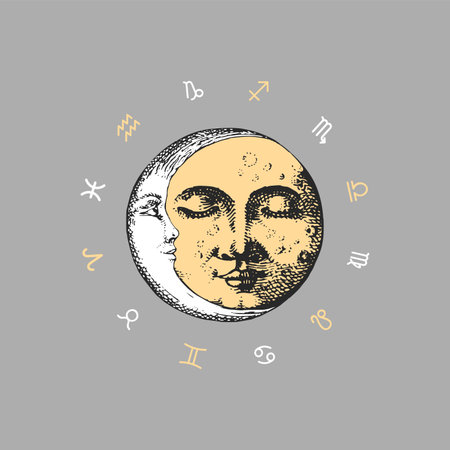 Zodiac circle, Moon and Crescent, vector drawings.のイラスト素材