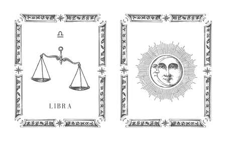 Libra zodiac symbol in frame, drawn horoscope cardのイラスト素材