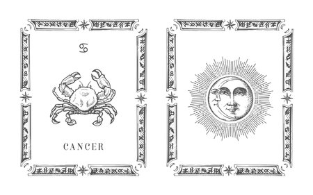 Cancer zodiac symbol in frame,drawn horoscope cardのイラスト素材