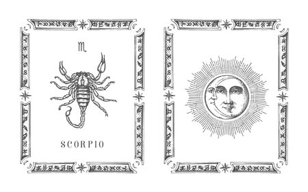 Scorpio zodiac symbol in frame, horoscope card.のイラスト素材