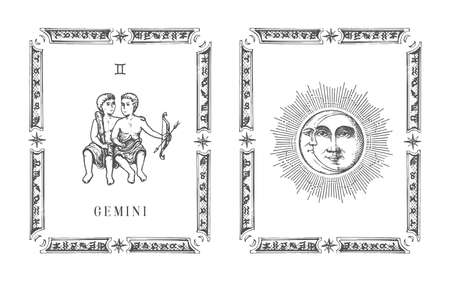 Gemini zodiac symbol in frame,drawn horoscope cardのイラスト素材