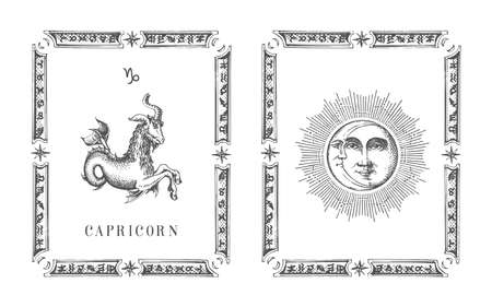 Capricorn zodiac symbol in frame, horoscope card.のイラスト素材