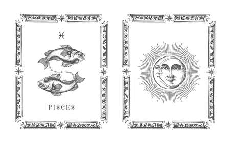 Pisces zodiac symbol in frame,drawn horoscope cardのイラスト素材