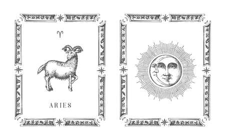 Aries zodiac symbol in frame, drawn horoscope cardのイラスト素材