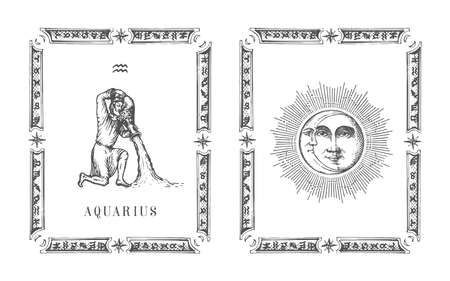 Aquarius zodiac symbol in frame, horoscope card.のイラスト素材