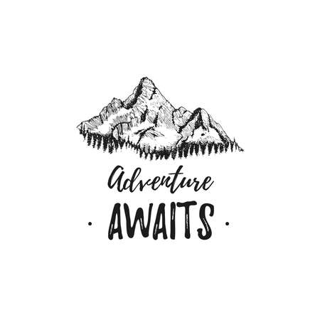 Mountain view sketch with text Adventure Awaits.のイラスト素材