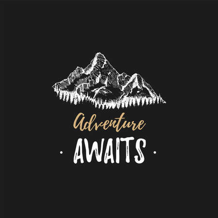 Mountain view sketch with text Adventure Awaits.のイラスト素材