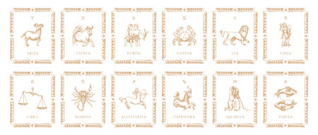 Zodiac symbols, vintage horoscope cards in vector.のイラスト素材