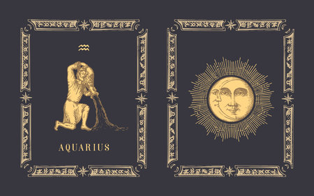 Aquarius zodiac symbol, horoscope card in vector.のイラスト素材