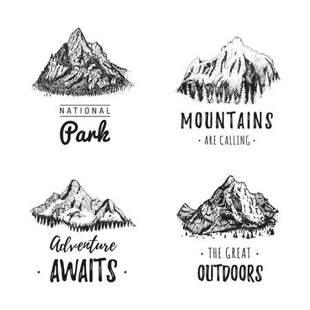 Mountain landscape posters, drawn set in vector.のイラスト素材