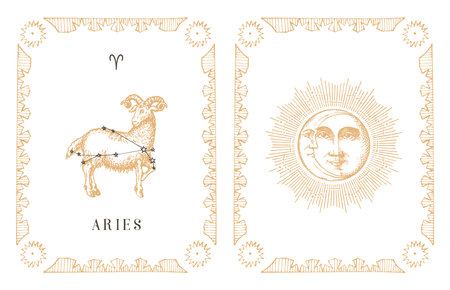 Aries zodiac symbol and constellation, old card.のイラスト素材