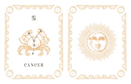 Cancer zodiac symbol and constellation, old card.のイラスト素材