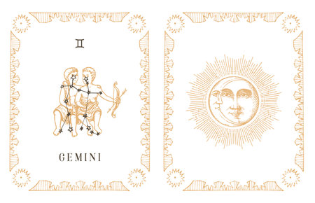 Gemini zodiac symbol and constellation, old card.のイラスト素材