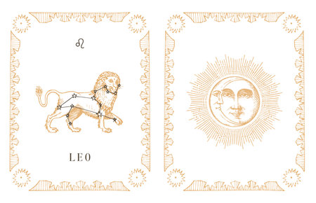 Leo zodiac symbol and constellation, vintage card.のイラスト素材