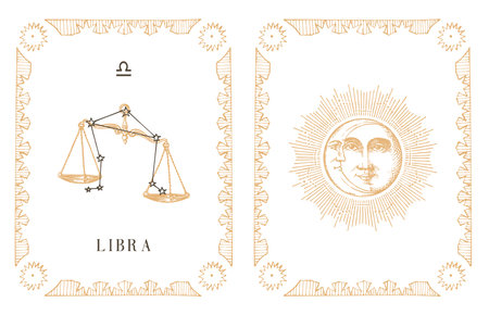 Libra zodiac symbol and constellation, old card.のイラスト素材