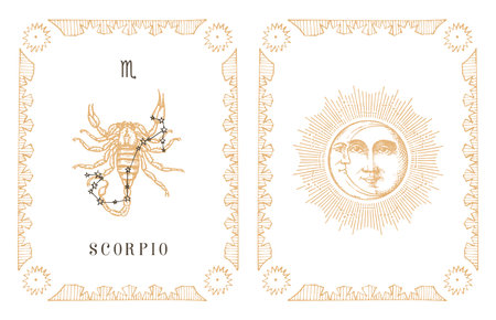 Scorpio zodiac symbol and constellation, old card.のイラスト素材