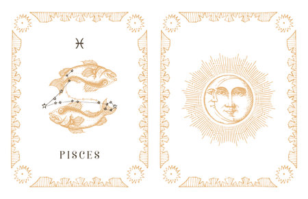 Pisces zodiac symbol and constellation, old card.のイラスト素材