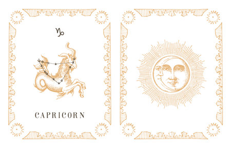 Capricorn zodiac symbol on old horoscope card.のイラスト素材