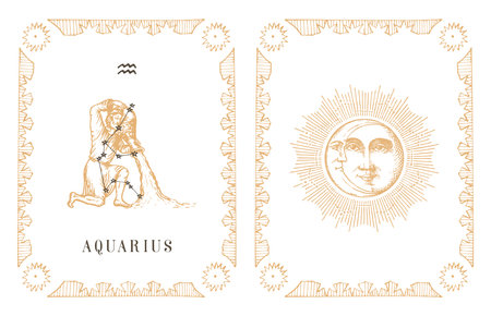 Aquarius zodiac symbol and constellation, old cardのイラスト素材