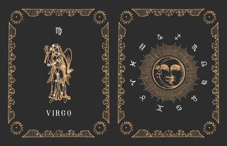 Virgo zodiac symbo in vector, old horoscope card.のイラスト素材